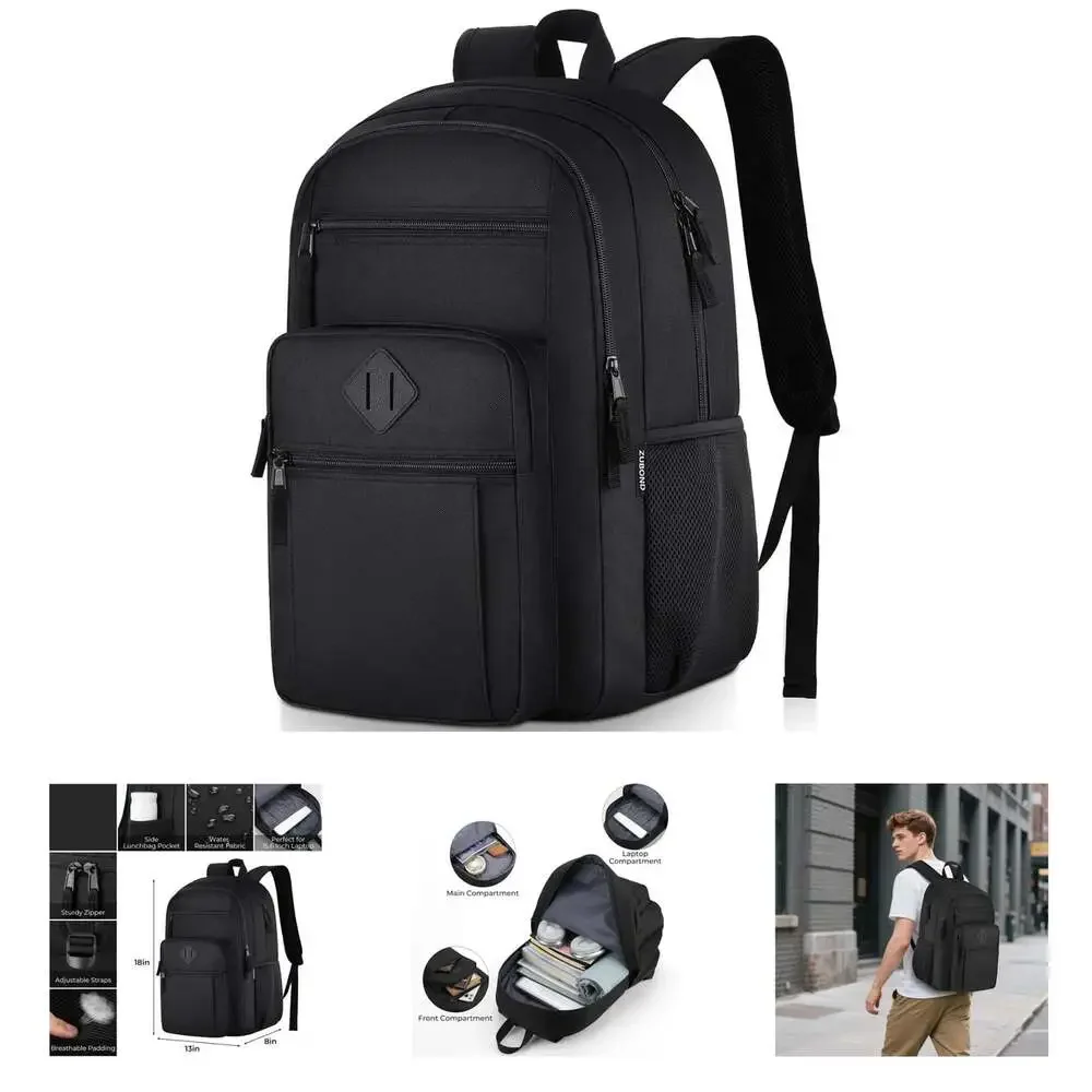 Unisex Black Backpack for School Lightweight Fits 15.6 Inch Laptop Water Bottle